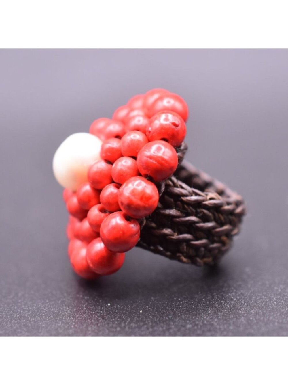 Vintage Red Beaded Adjustable Ring With White Accent Woven Band Statement Jewelr